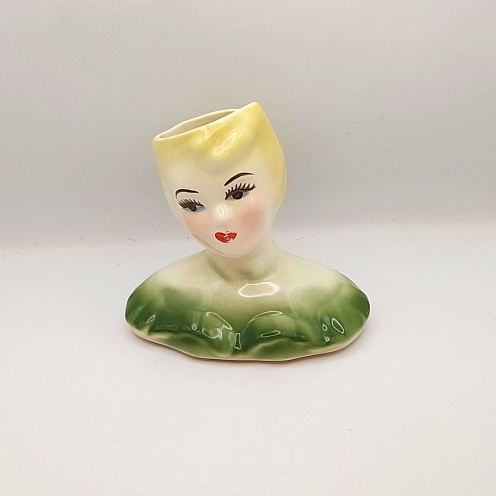 Vintage Glamour Lady Head Vase Blue Eyes Green Dress 5. 5" X 5.25" X 3.25"